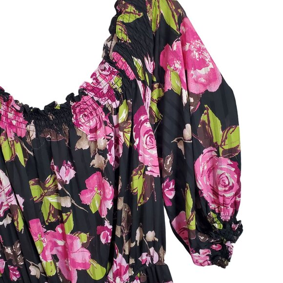 Boston Proper Sz M Dress Floral Chiffon Smocked Neckline Off Shoulder Puff Sleev - Picture 10 of 12